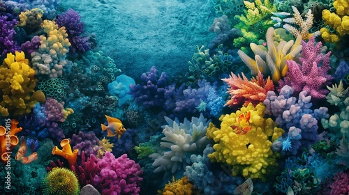 coral reef underwater, where colorful marine life in shades of blue, green, yellow, and purple pop against the backdrop of the ocean floor, illustrating the vibrant color diversity 