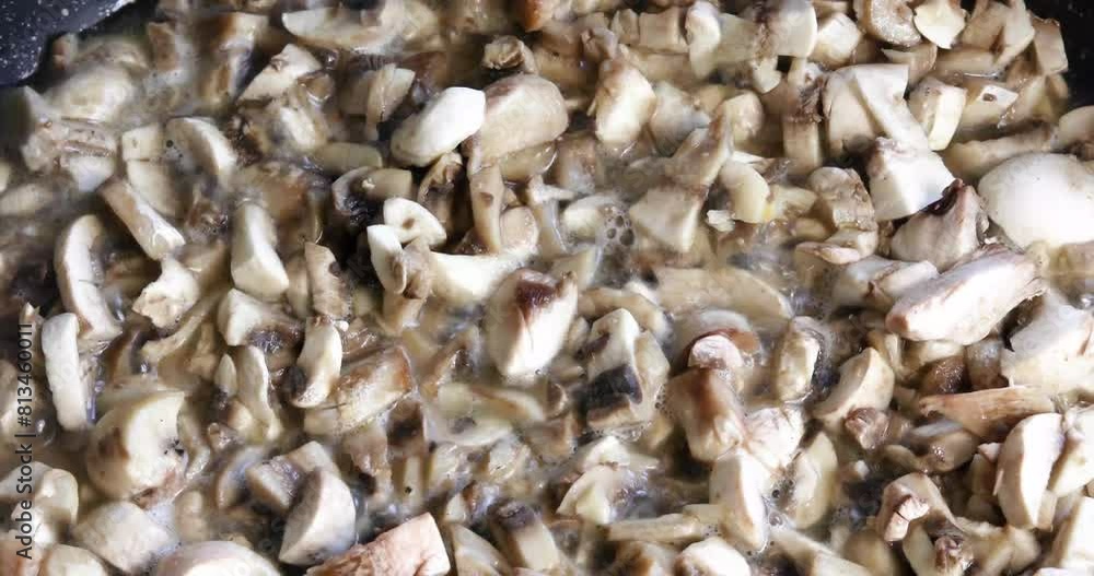 close-up stewing finely chopped champion mushrooms in a frying pan. Vegan edor nutrition. vegetable protein. close-up stewing finely chopped champion mushrooms in a frying pan. Vegan edor nutrition. vegetable protein.