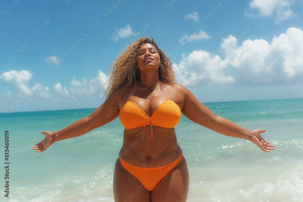 Carefree overweight woman in an orange bikini basks in the sunlight on a clear beach day Carefree overweight woman in an orange bikini basks in the sunlight on a clear beach day