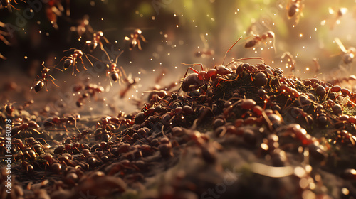 A colony of army ants swarming over a fallen insect, overwhelming it with sheer numbers
