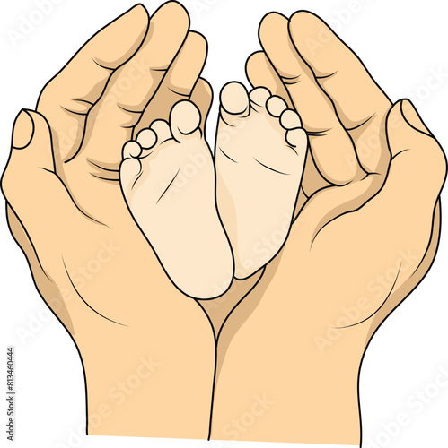 illustration of baby's feet in mother's hands. Happy family maternity concept
