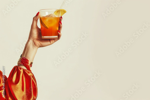 a vintage retro female hand holding a cocktail isolated on a plain background, 1960s and 70s style photo