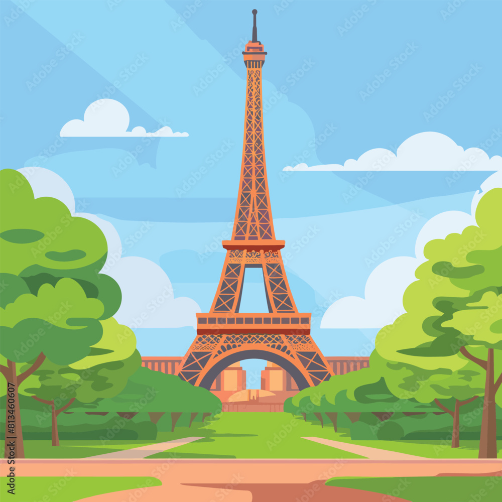 Beautiful scene with Eiffel Tower in Paris. World famous France tourist attraction symbol.International landmarks design postcard or travel poster, Eiffel Tower, Paris. France. Vector illustration