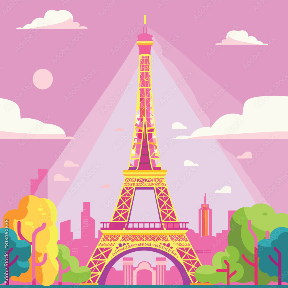 Beautiful scene with Eiffel Tower in Paris. World famous France tourist attraction symbol.International landmarks design postcard or travel poster, Eiffel Tower, Paris. France. Vector illustration