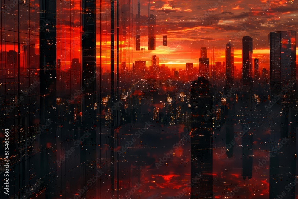On a quiet Earth, the hollow skyscrapers reflected the fiery red sunset of a world moving past human history, scifi photo On a quiet Earth, the hollow skyscrapers reflected the fiery red sunset of a world moving past human history, scifi photo
