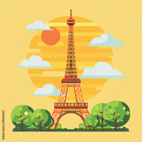 Beautiful scene with Eiffel Tower in Paris. World famous France tourist attraction symbol.International landmarks design postcard or travel poster, Eiffel Tower, Paris. France. Vector illustration