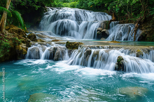 Generative ai on theme of beautiful majestic waterfall in natural nature, national park attraction
