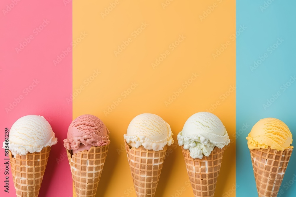 Ice cream in waffle cones, placed against a vibrant background, offers a sweet treat variety, with solid background and copy space on center for advertise Ice cream in waffle cones, placed against a vibrant background, offers a sweet treat variety, with solid background and copy space on center for advertise