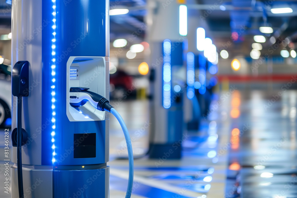 Blue Electric Car Charging Stations in an Indoor Parking Facility Blue Electric Car Charging Stations in an Indoor Parking Facility
