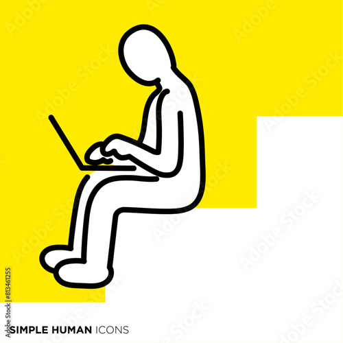 シンプルな人間のアイコンシリーズ,階段で座ってノートパソコンを使う人