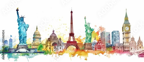 Set of watercolors depicting iconic landmarks from around the world  from the Eiffel Tower to the Statue of Liberty  Clipart isolated on white
