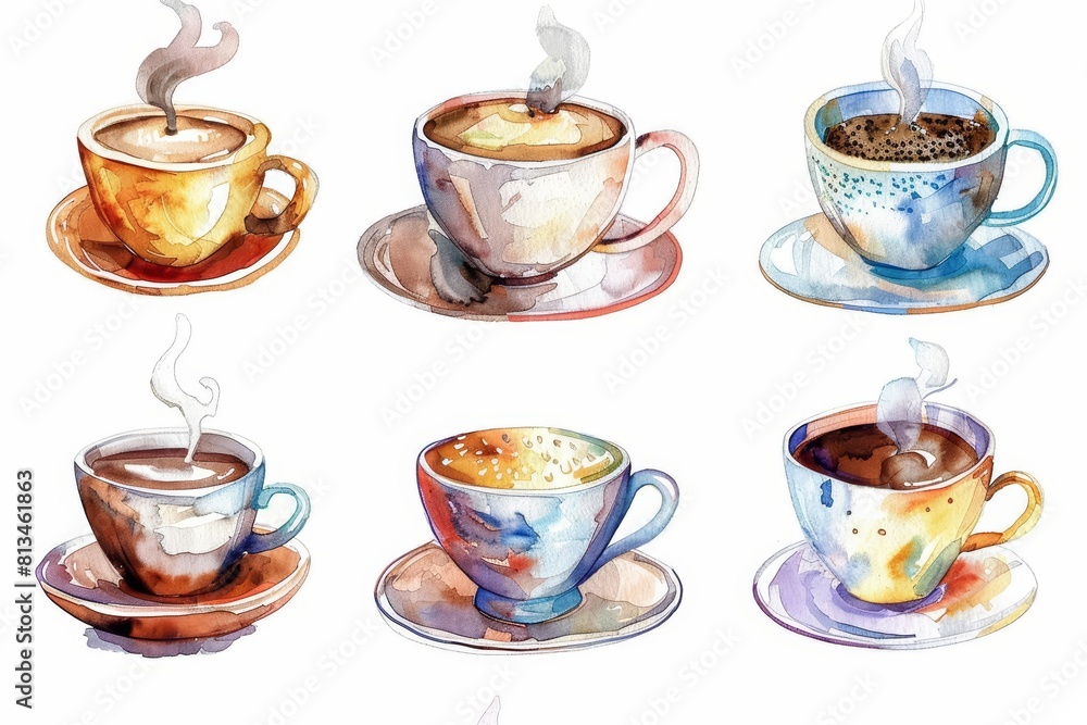 Set of watercolors of different coffee cups, each with a unique, artistic design and steaming with rich coffee, Clipart isolated on white Set of watercolors of different coffee cups, each with a unique, artistic design and steaming with rich coffee, Clipart isolated on white