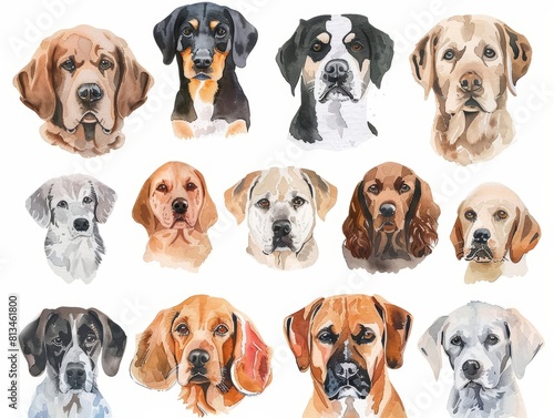 Set of watercolors of different breeds of dogs, each portrayed with their unique features and expressions, Clipart isolated on white