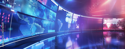 Modern Broadcast Newsroom with Blue Neon Lighting and Digital Displays