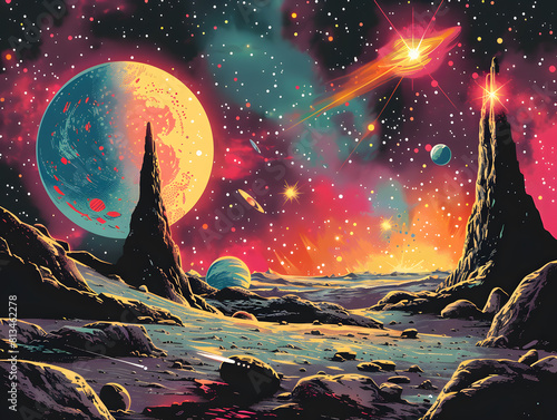 Wallpaper Mural A retro comic-style outer space landscape, with colorful planets, swirling galaxies, and futuristic spacecraft, taking viewers on an intergalactic adventure filled with wonder. Torontodigital.ca