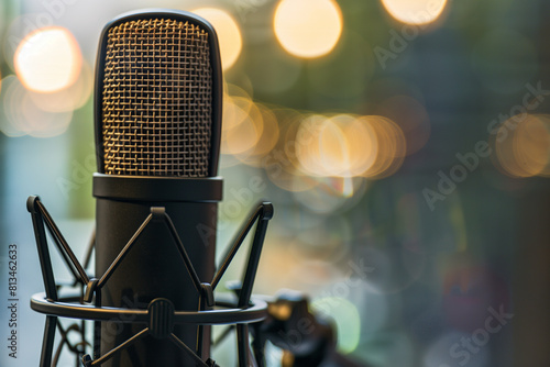 Professional Microphone Against a Blurred City Lights Background