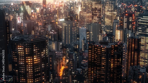 A city skyline at dusk, with buildings illuminated by artificial lights in various shades of warm white, yellow, and orange mesmerizing urban landscape of color variations.
