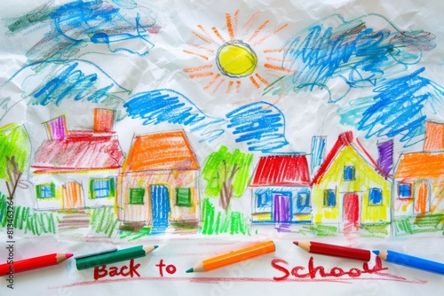 Child s vibrant naive artstyle chalk drawing of a sunny landscape with houses and a back to school message