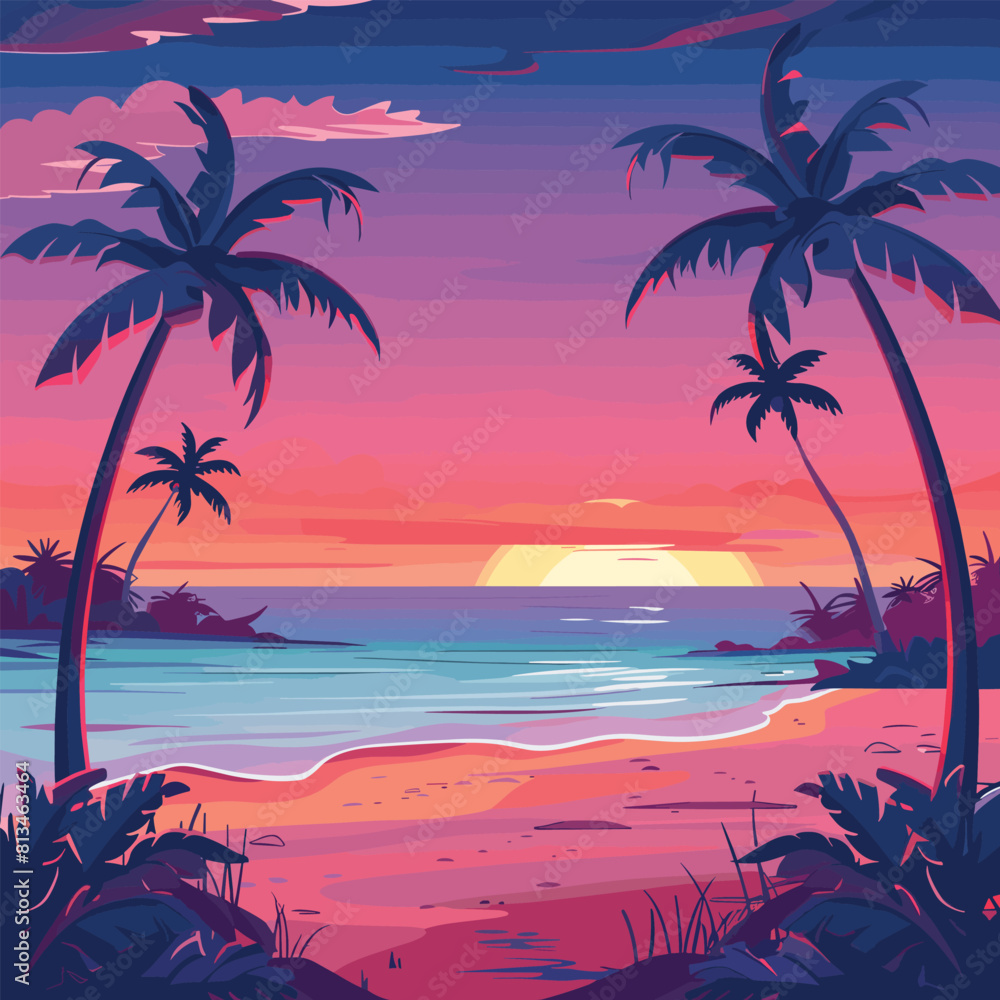 Beautiful sunset landscape sea beach and tree, sunset & tree on colorful background, Vector illustration, Beautiful sunset landscape sea beach and tree, sunset & tree on colorful background, Vector