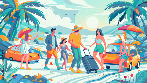 Vibrant Tropical Beach Vacation with Happy Family and Luggage