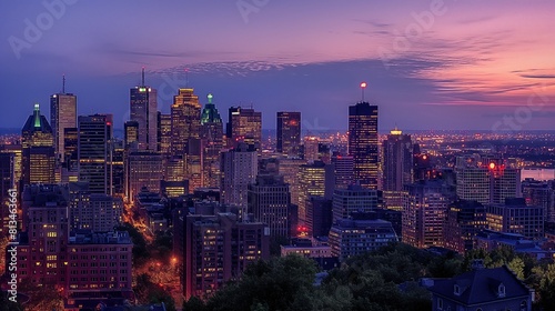 city skyline at dusk, with buildings illuminated by artificial lights in various shades of warm white, yellow, and orange, creating a mesmerizing urban landscape of color 