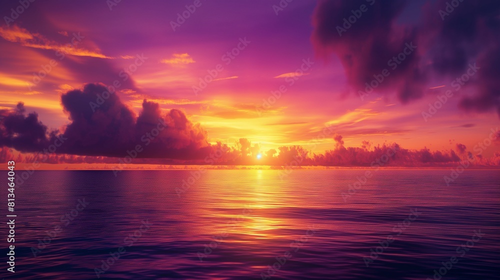 tropical sunset, where the sky transitions from warm oranges and pinks near the horizon to deep purples and blues overhead, creating a breathtaking display of color gradients.