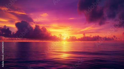 tropical sunset  where the sky transitions from warm oranges and pinks near the horizon to deep purples and blues overhead  creating a breathtaking display of color gradients.