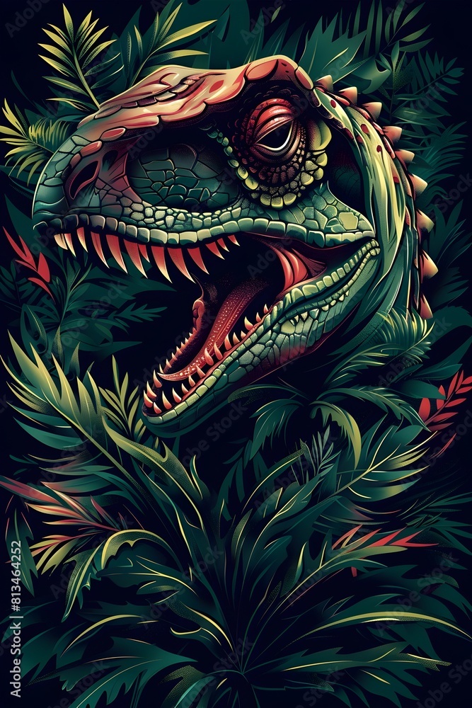 Ferocious Dilophosaurus Prowling Through the Lush Jurassic Jungle on Dark Background