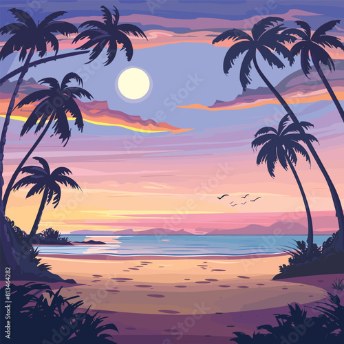  Sunset with Palm Trees  Sun and Palm Leaf  Evening on the beach with palm trees. An evening on the beach with palm trees. Colorful picture for rest. Blue palm trees at sunset. Orange sunset in the bl