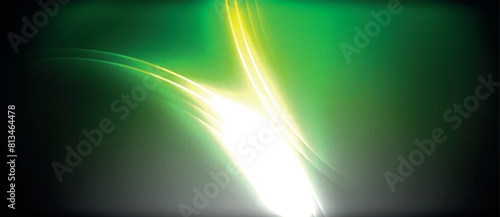 A vibrant green and yellow light illuminates the black background, resembling the colors of an Aurora in the night sky. The contrast with the darkness creates a mesmerizing artistic effect