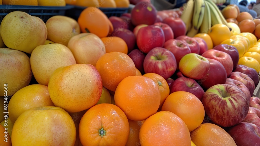 A stack of ripe fruits at a market, including apples, oranges, and bananas, each displaying different shades of red, orange, and yellow, natural variation in fruit colors.