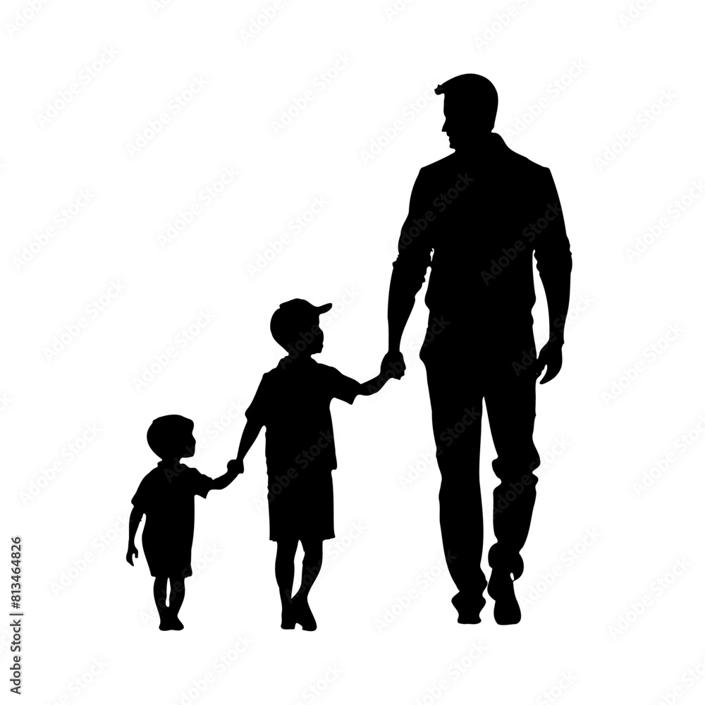 fathers day, man is holding hands two children. man is walking with children, and they are all together