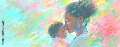 Compose a sideface view in 3D render style capturing the tender moment between a black mother and her baby