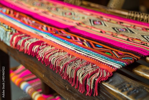 A Peruvian pollera skirt displayed on a traditional Andean loom, showcasing its vibrant colors and intricate handwoven motifs, Generative AI