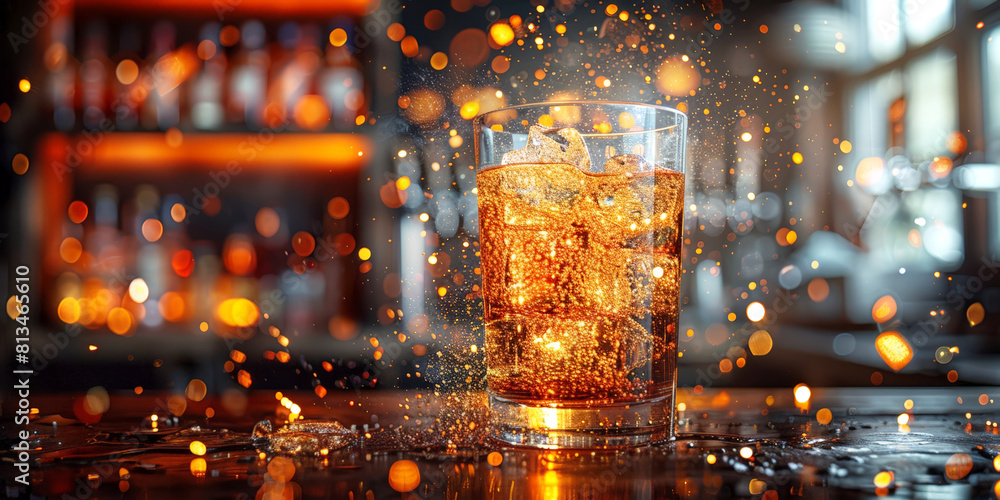 Alcohol with ice in a glass, sparks flying around, suitable for bar scenes. Alcohol with ice in a glass, sparks flying around, suitable for bar scenes.