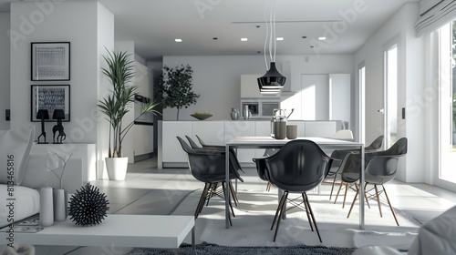 Modern interior design of the living room and dining area with a black  white  and gray color scheme  minimalism