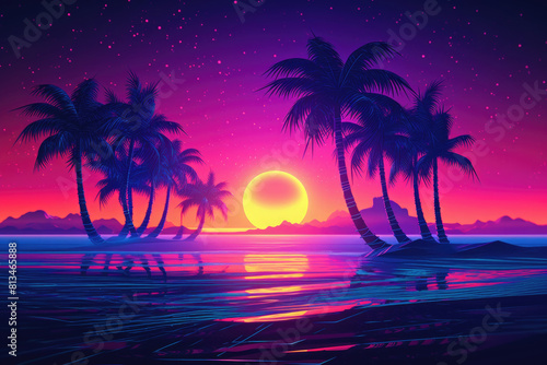 A beach scene with palm trees silhouetted against a vibrant sunset sky