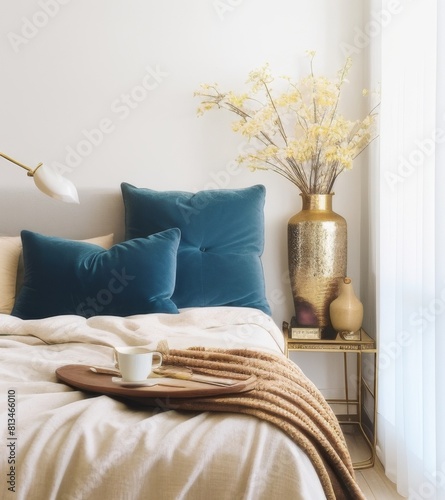 Cozy bedroom with linen bed and blue pillows, beige headboard against white wall with golden vase of dried flowers on side table