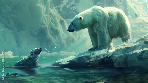 A polar bear patiently waiting at a seal's breathing hole, poised to strike at the opportune moment.