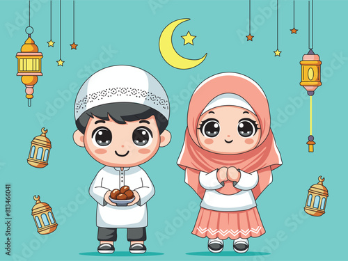 Illustration Vector Graphic Cartoon of a Muslim Couple Embracing Ramadan, Radiating Spiritual Unity and Devotion