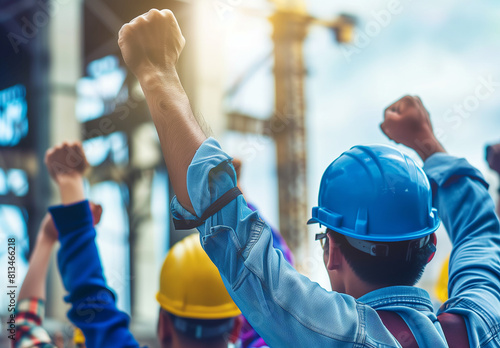 Construction Workers Celebrating Success with Raised Fists
