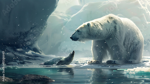 A polar bear patiently waiting at a seal's breathing hole, poised to strike at the opportune moment.