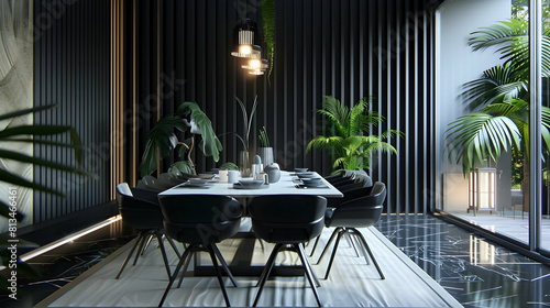 Modern interior design, the dining room has a black and white color scheme, with vertical slats on the wall, and indoor plant decorations