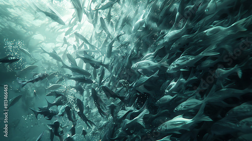 A school of fish forming intricate patterns to confuse and evade a hunting predator. 