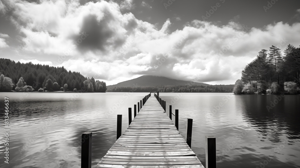 Fototapeta premium Jetty on a lake in black and white wallpaper background 