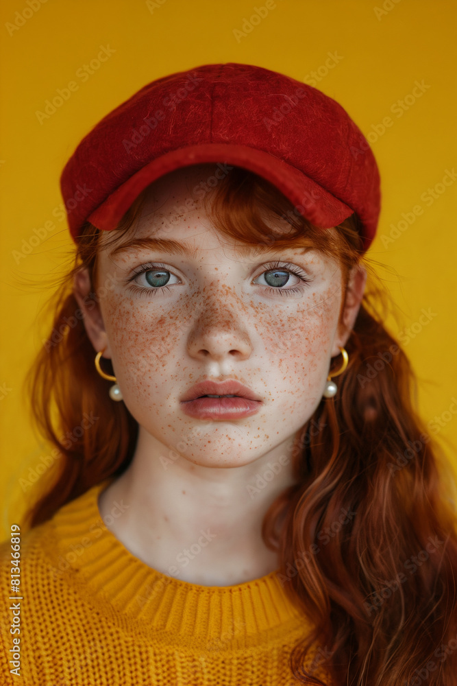 A serene and serious red haired teenage girl with freckles wearing a red cap and earrings, looking directly at the camera against a yellow background. A serene and serious red haired teenage girl with freckles wearing a red cap and earrings, looking directly at the camera against a yellow background.