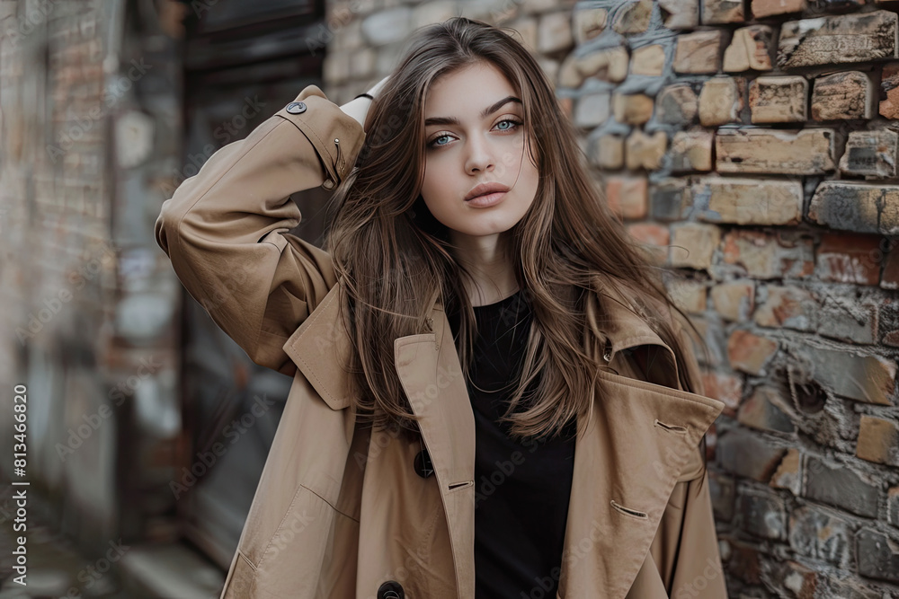 A self confident alternative female stands with her trench coat raised in her arms, stylishly dressed and looking confidently at the camera.