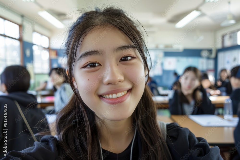 the blissful moment as an Asian student teen girl snaps a selfie in a tranquil classroom setting, radiating relaxation and joy through her cheerful expression. the blissful moment as an Asian student teen girl snaps a selfie in a tranquil classroom setting, radiating relaxation and joy through her cheerful expression.