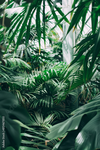 Lush Green Tropical Palm Leaves in Sunlit Jungle Setting