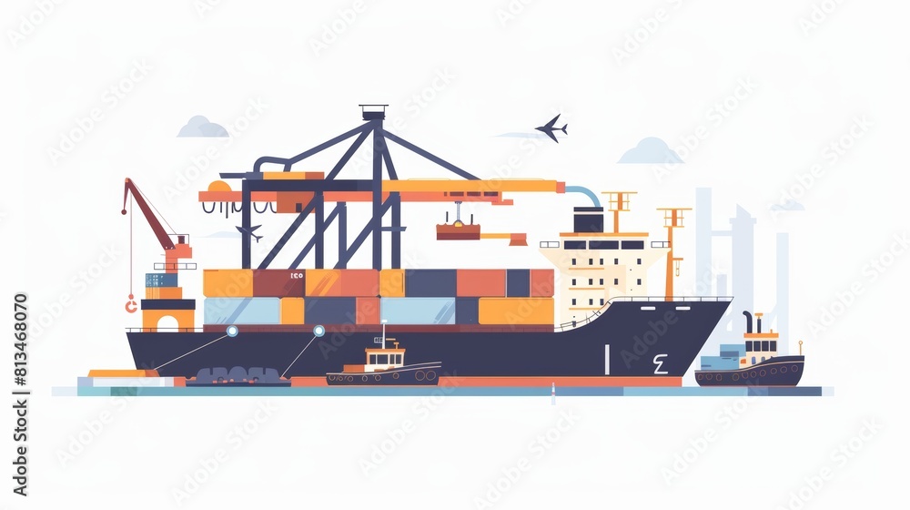 Fototapeta premium Colorful Isometric Illustration of Cargo Ship Loading at Port